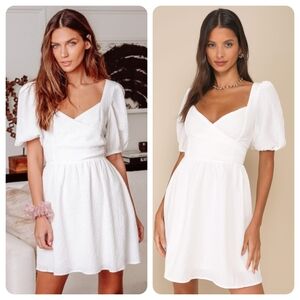 Lulus Little Bit In Love Surplice White Puff Sleeve V Neck Mini Dress M